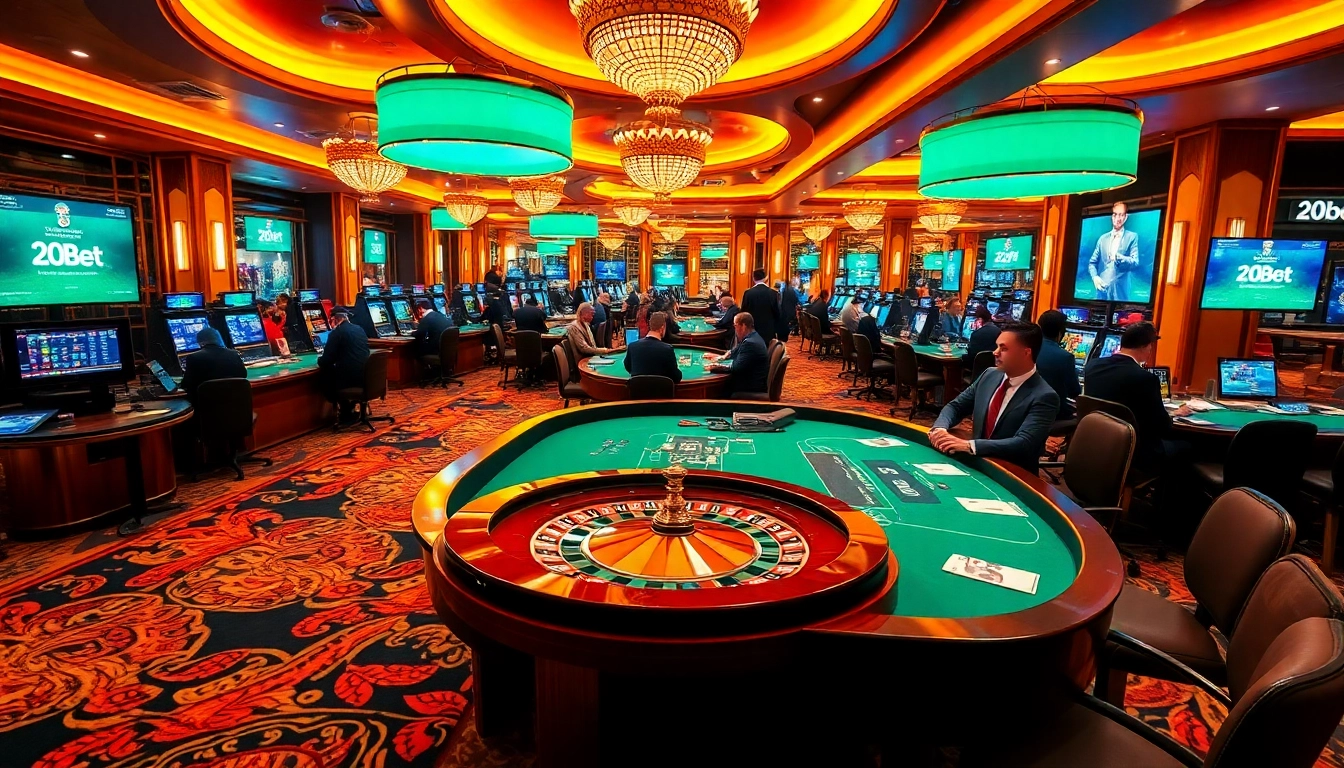 Players enjoying classic casino games at 20bet, showcasing vibrant poker tables and engaging betting activities.