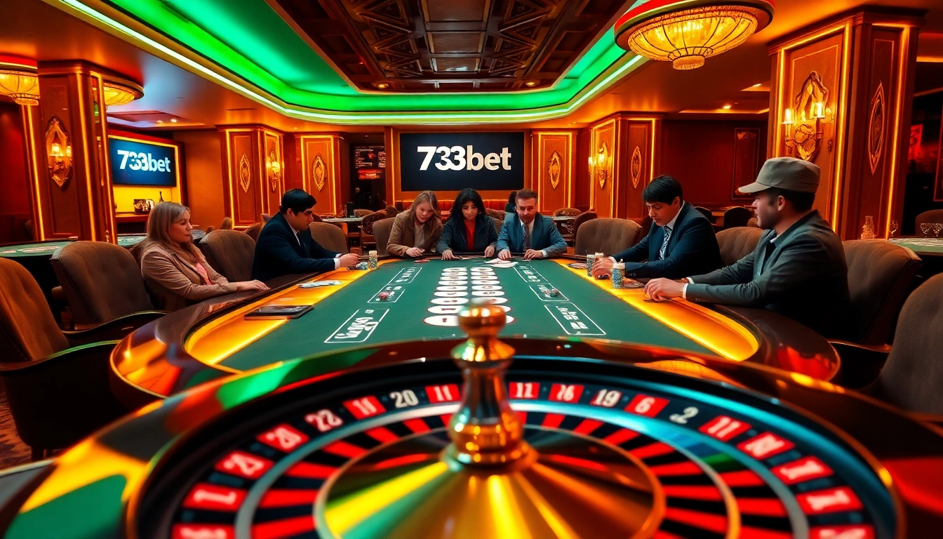 A lively poker game at 733bet casino showcasing vibrant excitement and luxury.