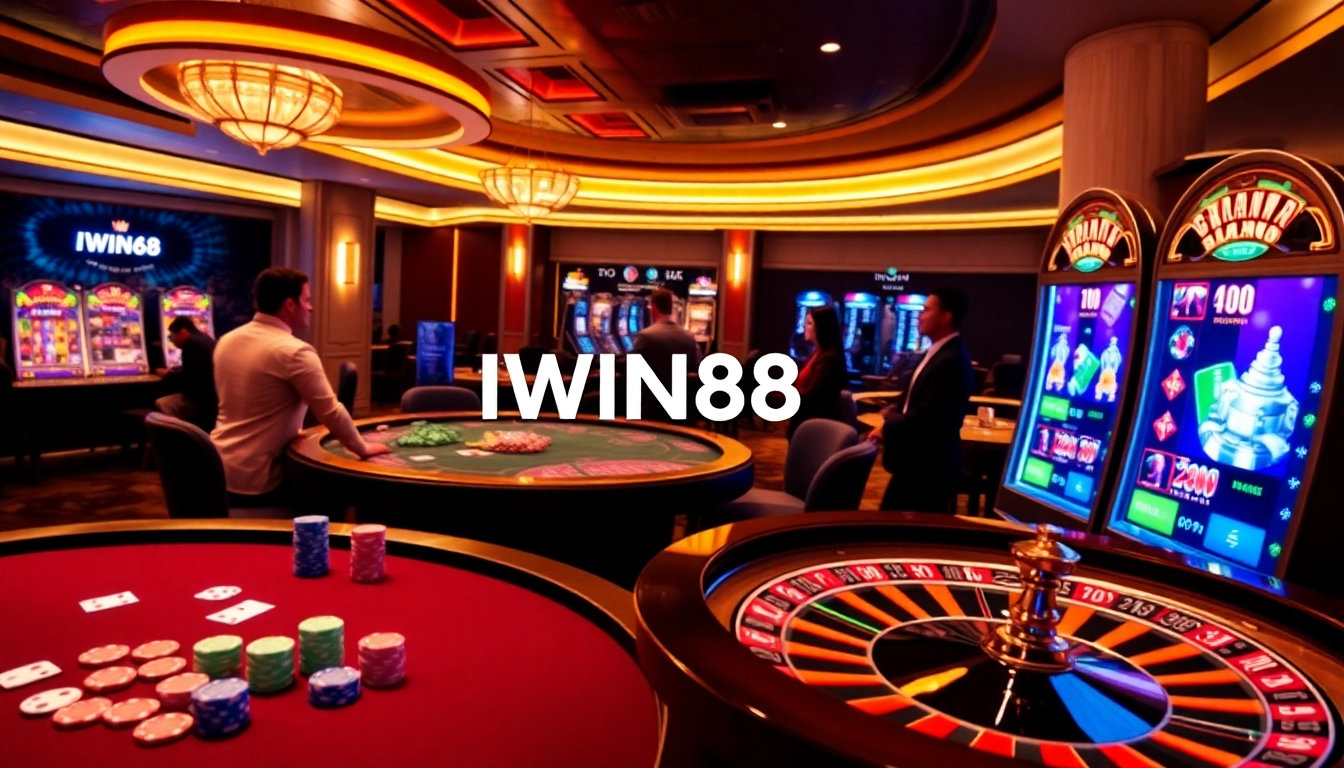 IWIN68 casino scene featuring engaging poker games and vibrant slot machines for an exciting gambling experience.