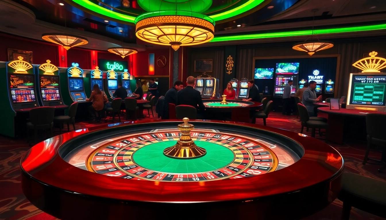 Experience thrilling gaming action at tg88, placing bets at a lively roulette table surrounded by slot machines.