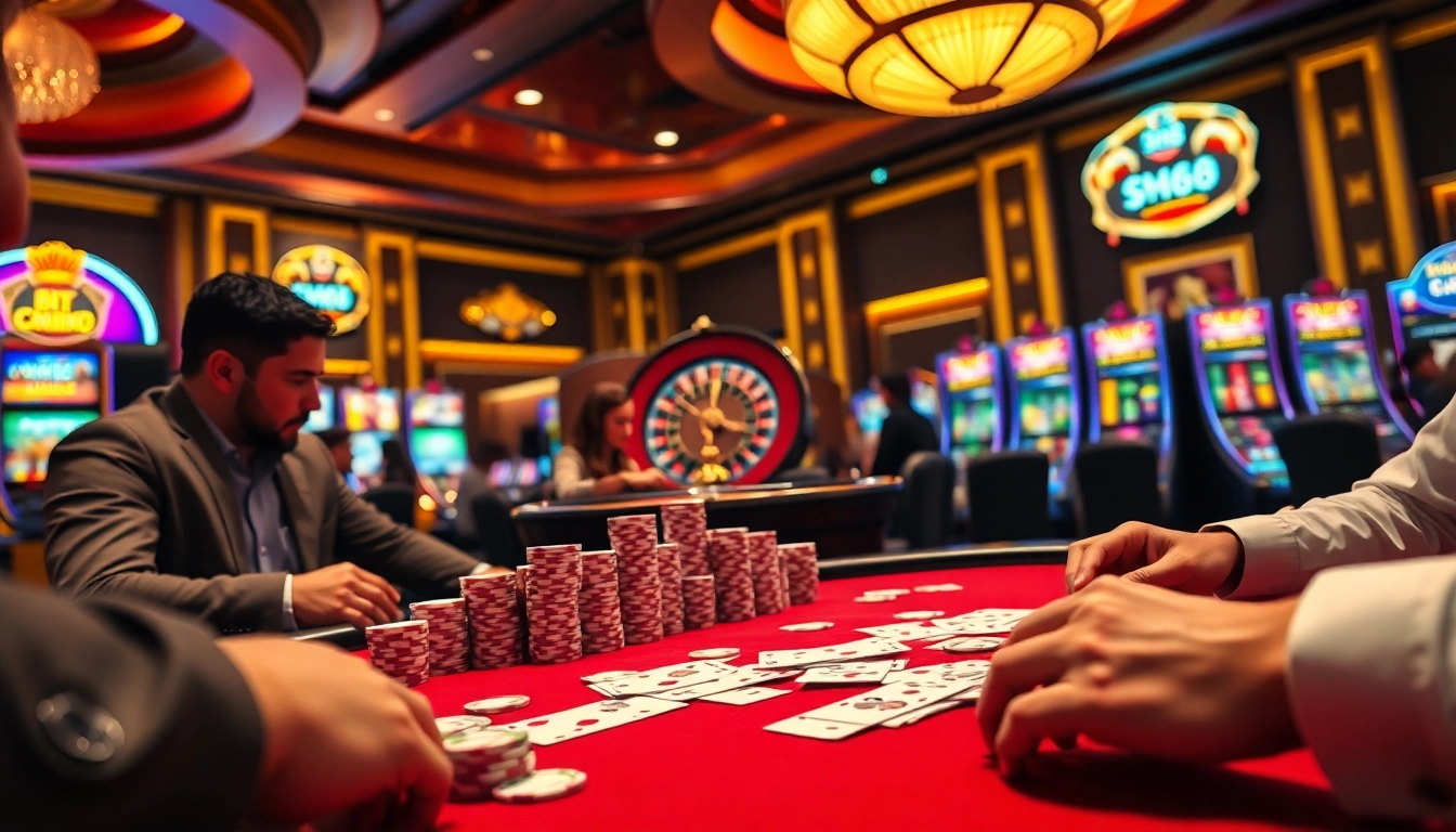 Engage with CM88 at a vibrant poker table surrounded by action-packed gaming excitement.