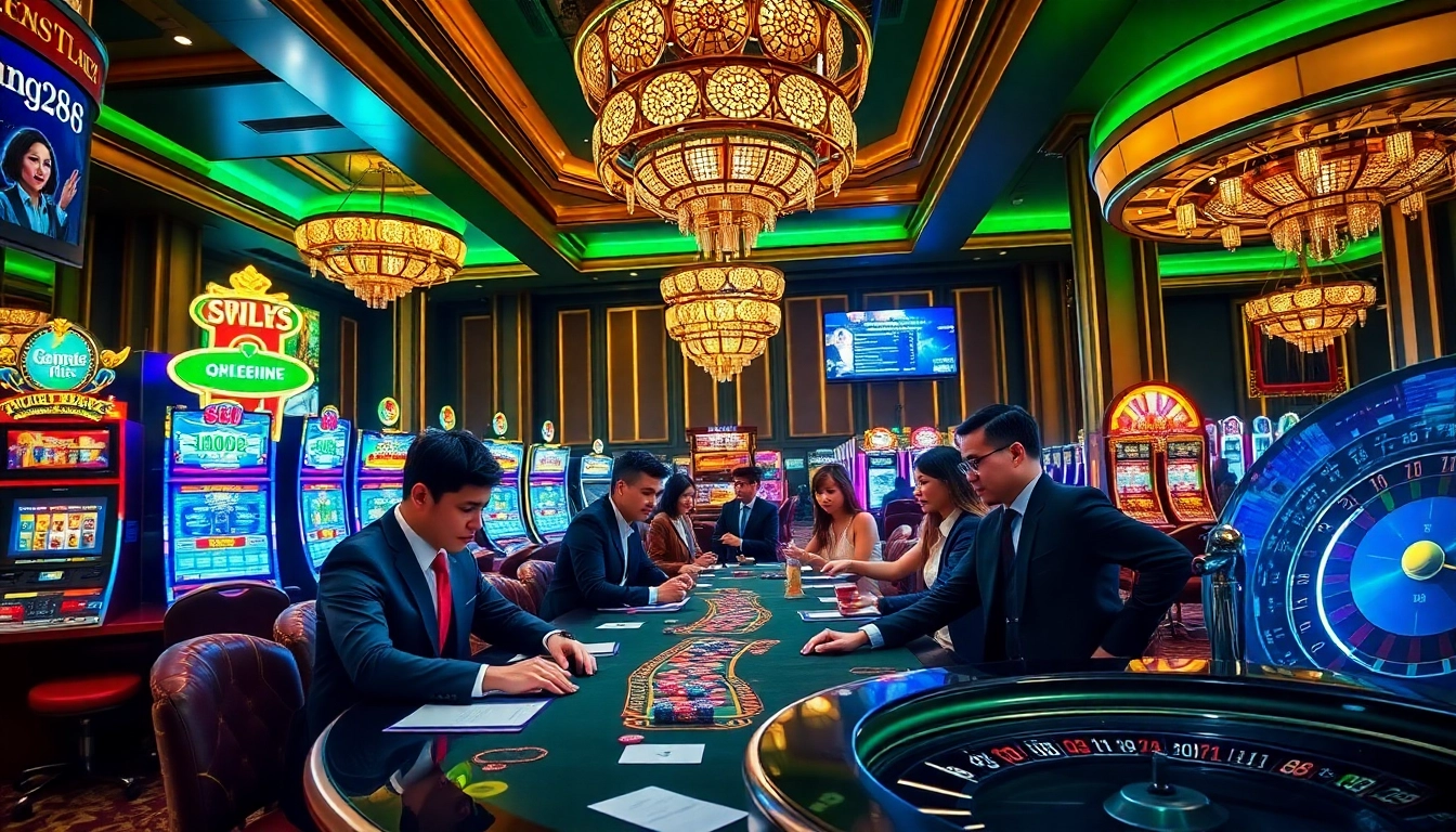 Players enjoying a thrilling moment at https://bong88.casa/ with vibrant slot machines and poker tables.