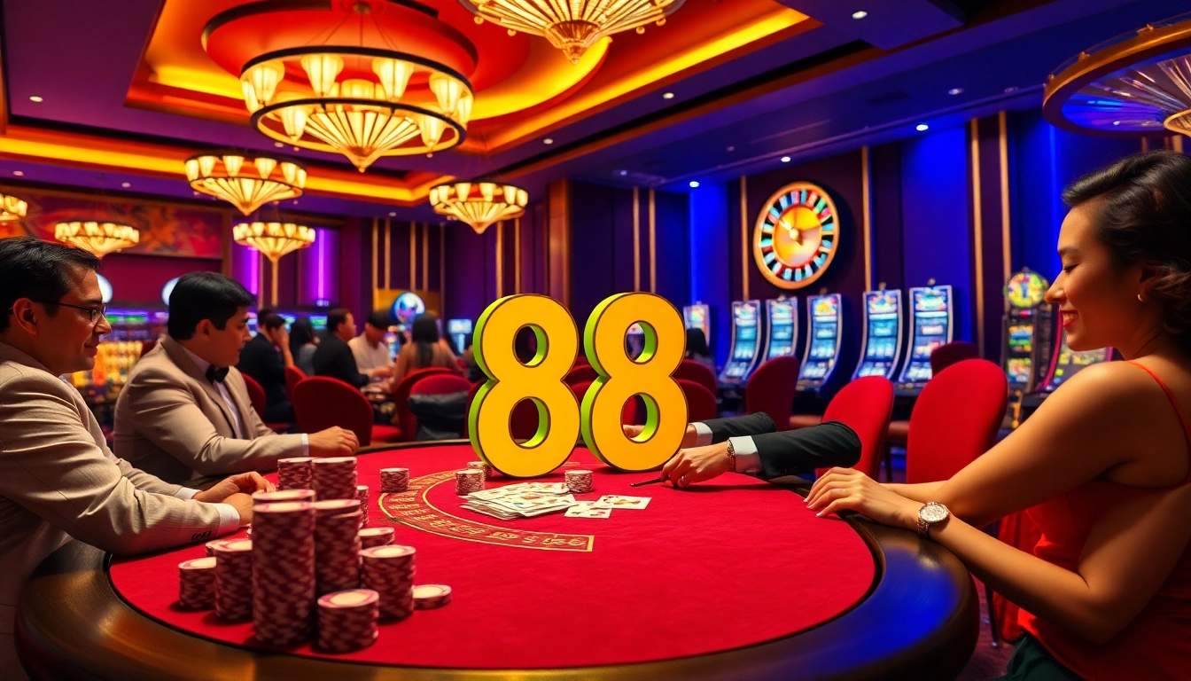 Experience the excitement of LC 88 at a lavish casino table with vibrant poker chips and cards.