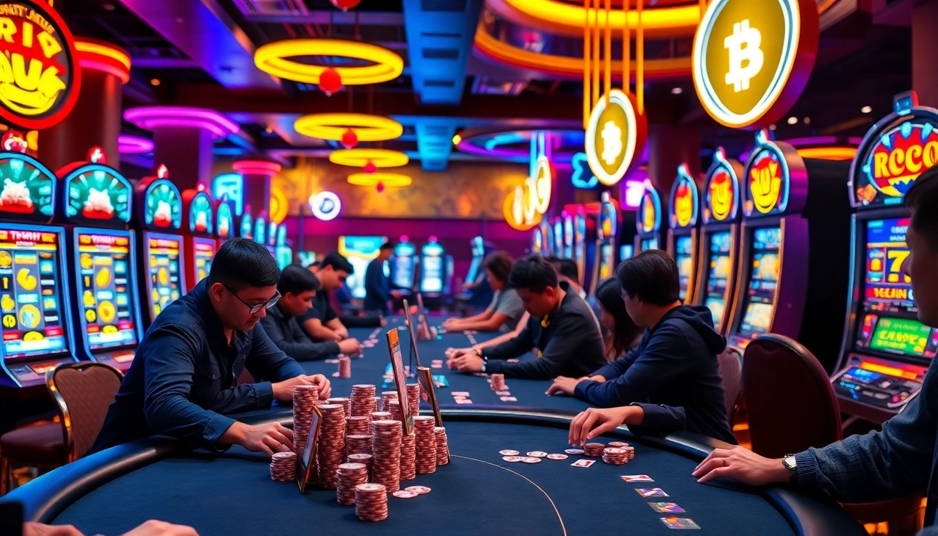 Les joueurs s'engagent dans un crypto casino dynamique avec des machines colorées et des tables de poker.