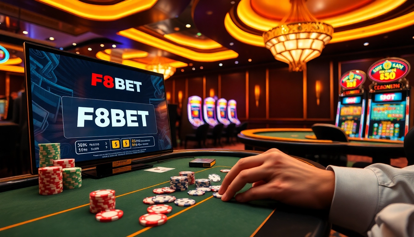 Experience F8BET's thrilling online casino atmosphere with poker, slots, and vibrant gaming visuals.