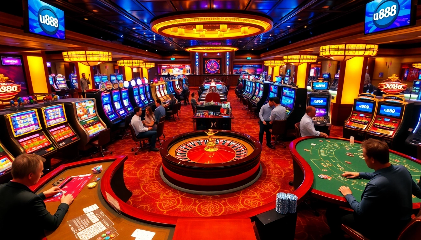 Engaging casino scene with u 888 roulette wheel and vibrant game floor elements.