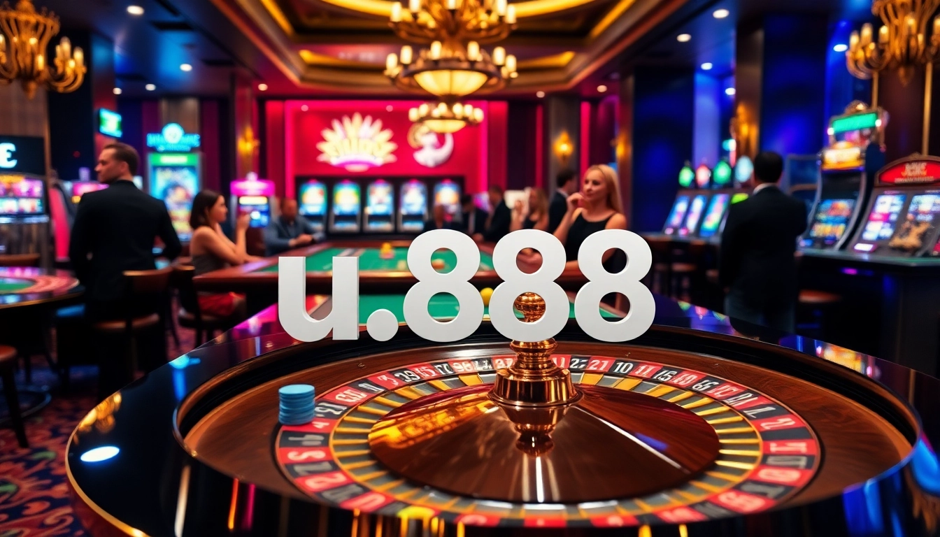 Exciting scene of players engaging at a u 888 casino roulette table, showcasing luxury in gambling.