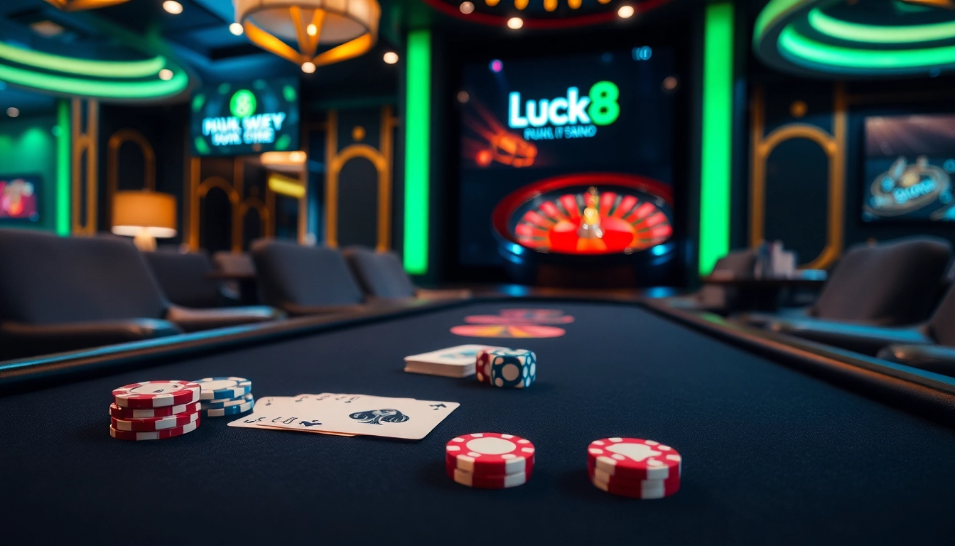 Experience the thrill of Luck8 at a luxurious poker table with vibrant chips and cards.