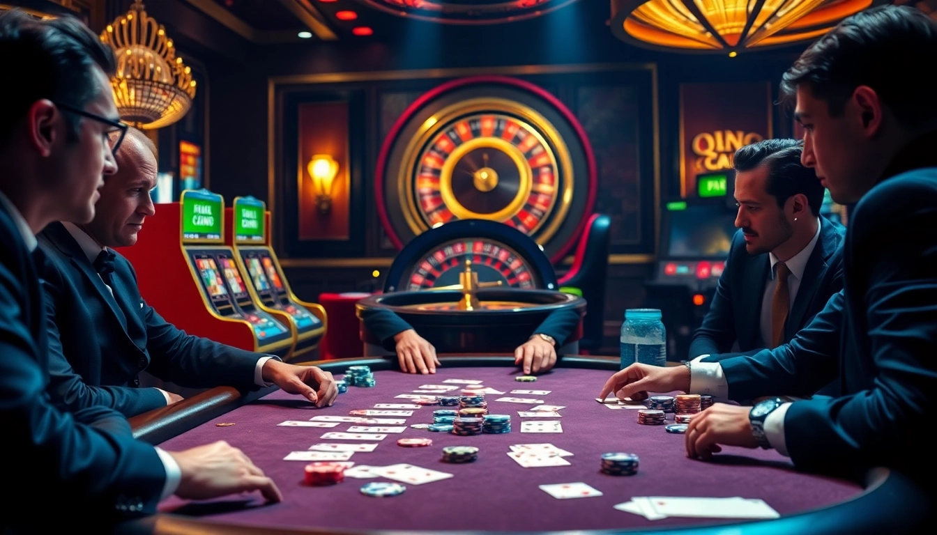 High-stakes poker game at QH88 casino with vibrant chips and intense players.