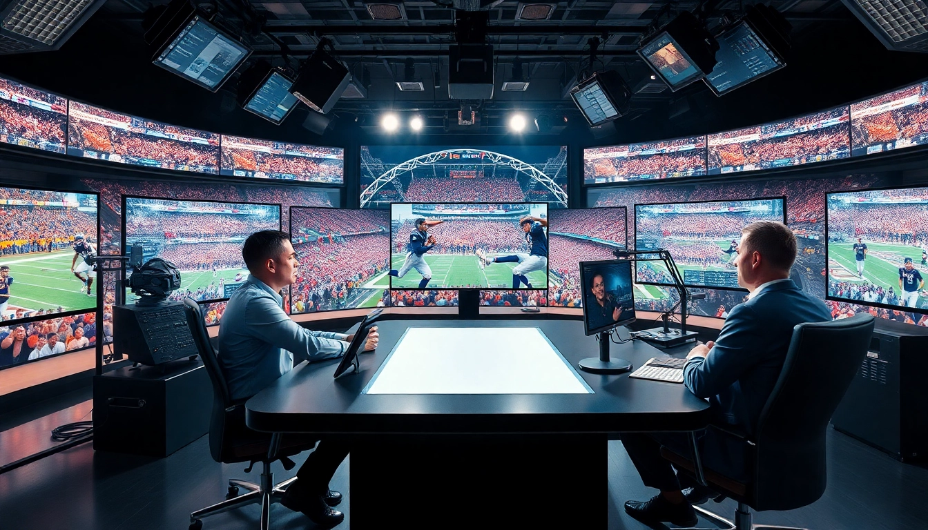 Dynamic sports broadcasting studio showcasing live coverage and analysis of events.