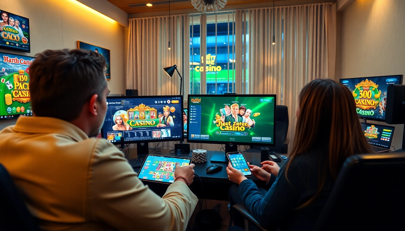 Joueurs examinant le meilleur casino en ligne avec un décor vibrant et moderne.