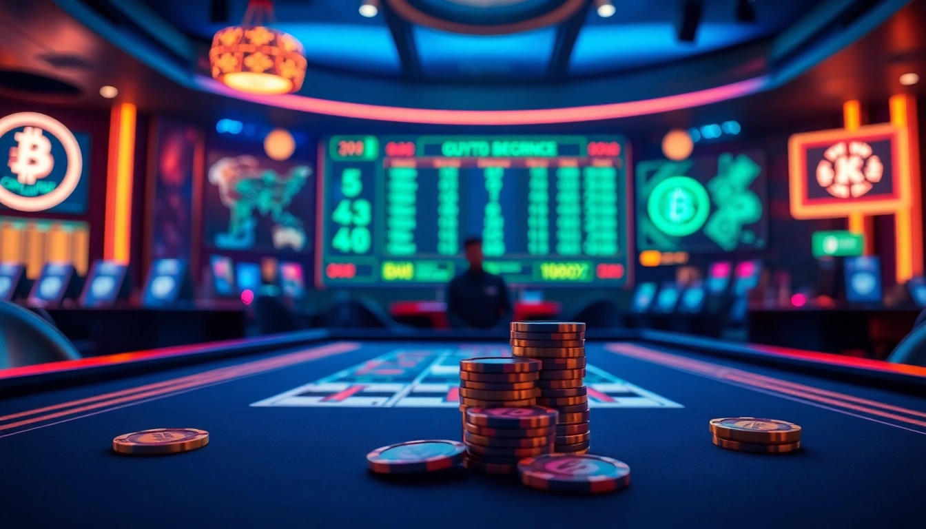 Mise en avant du meilleur casino crypto avec des jetons et un décor numérique stimulant.