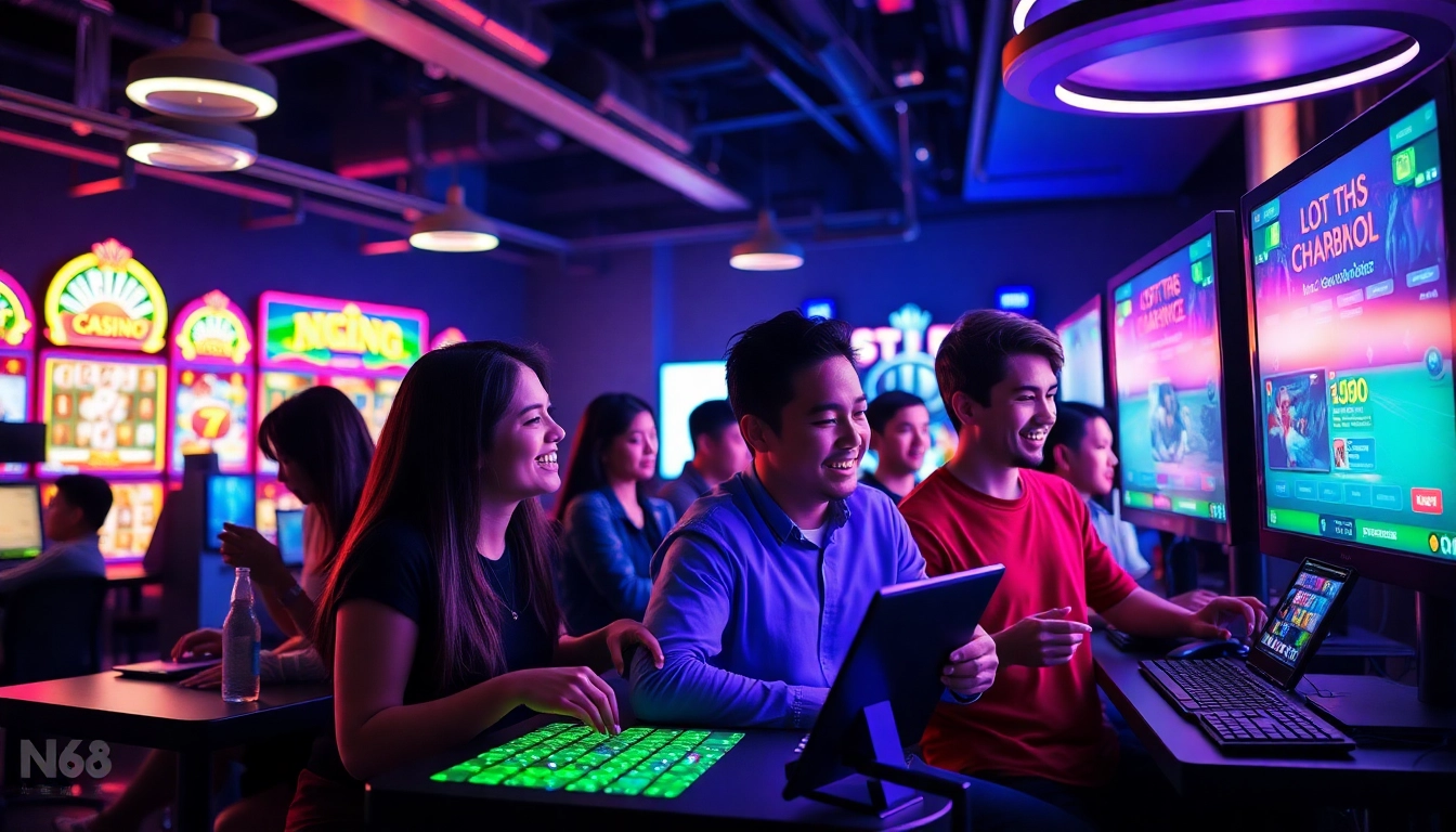 Dynamic online gaming atmosphere at Trang chủ NK88 with diverse players and vibrant casino backdrop.