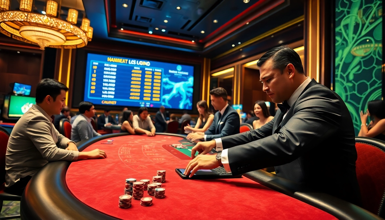 Engaging casino scene showcasing tỷ lệ kèo nhà cái updates with players at blackjack.