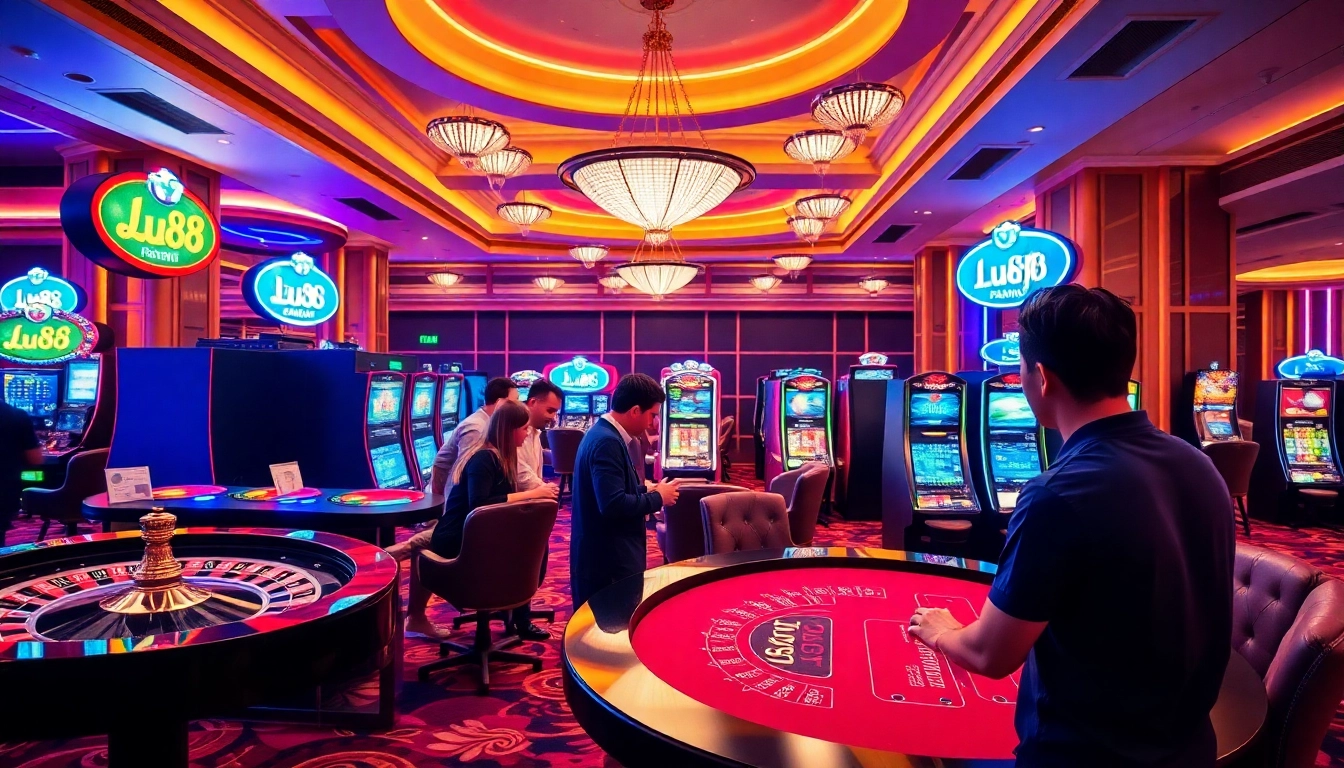 Experience the excitement of Lu88 with vibrant casino tables and engaged players in luxury.