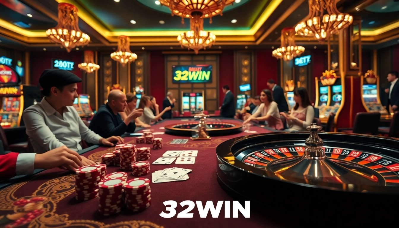 Experience thrilling casino action with 32WIN featuring vibrant tables and high-stakes poker chips.