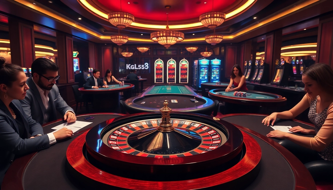 A vibrant casino scene with players enjoying roulette and poker, showcasing excitement on kk55.global.