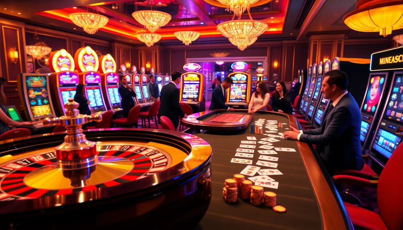 Experience the excitement at https://hay88.to/ with a vibrant casino scene featuring roulette and slot machines.