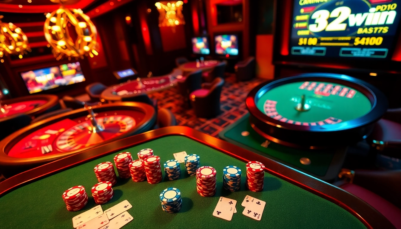 Enjoy thrilling games and slot machines at 32win online casino, featuring poker chips and vibrant roulette.