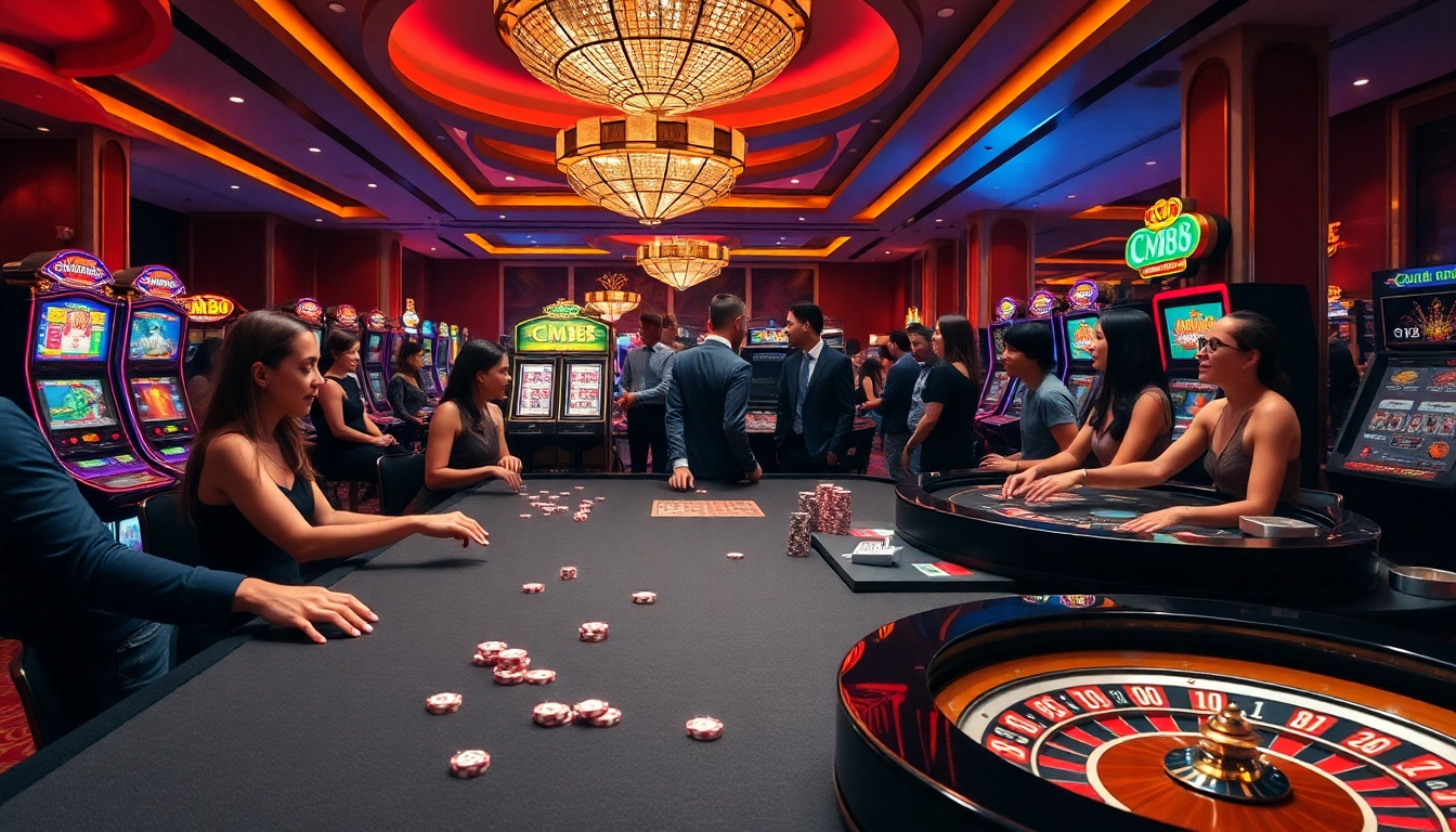 Players enjoying an exciting gaming experience at CM88 casino with vibrant slot machines and tables.