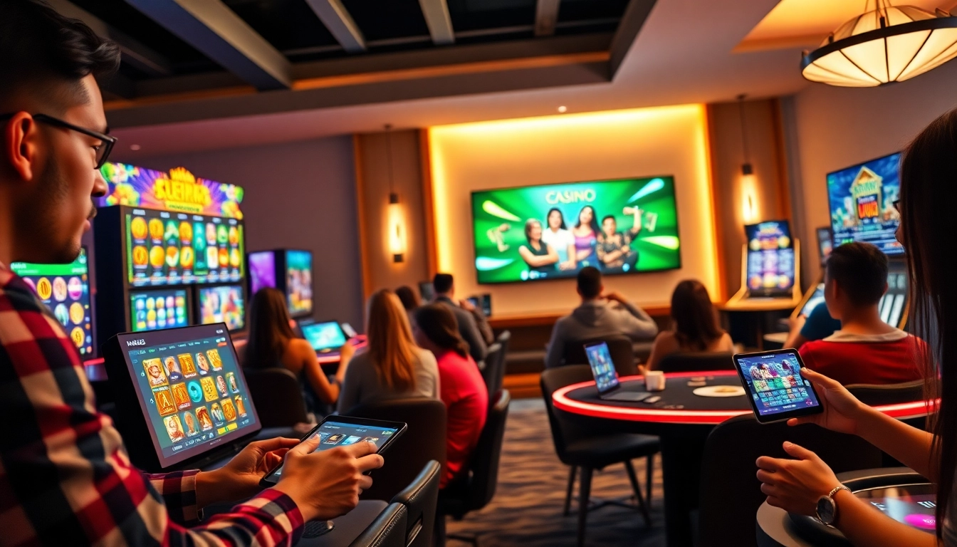 Joueurs engagés sur casino en ligne avec une interface colorée et accueillante