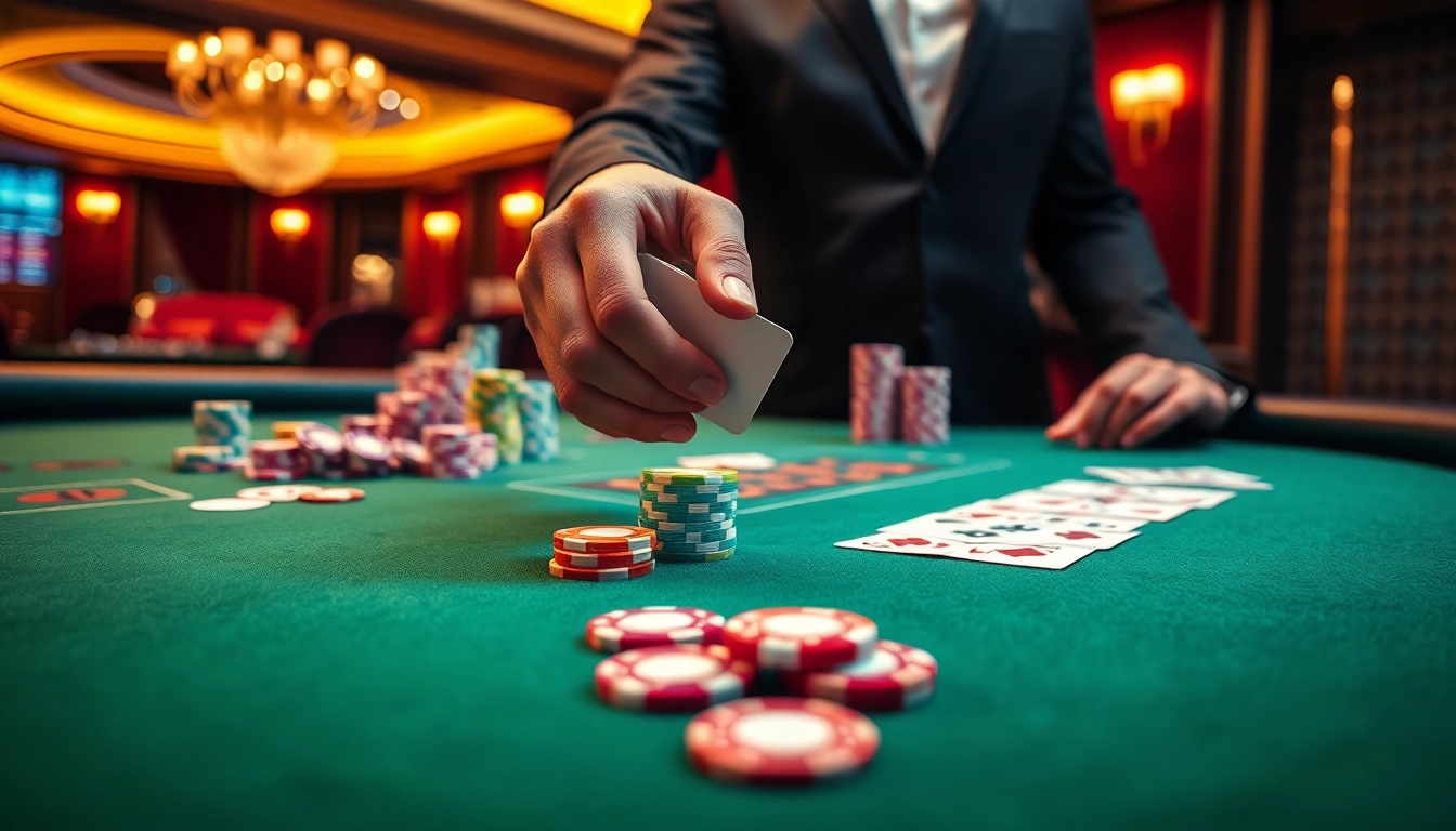 Jouer au casino en ligne avec des jetons colorés et des cartes sur une table élégante.