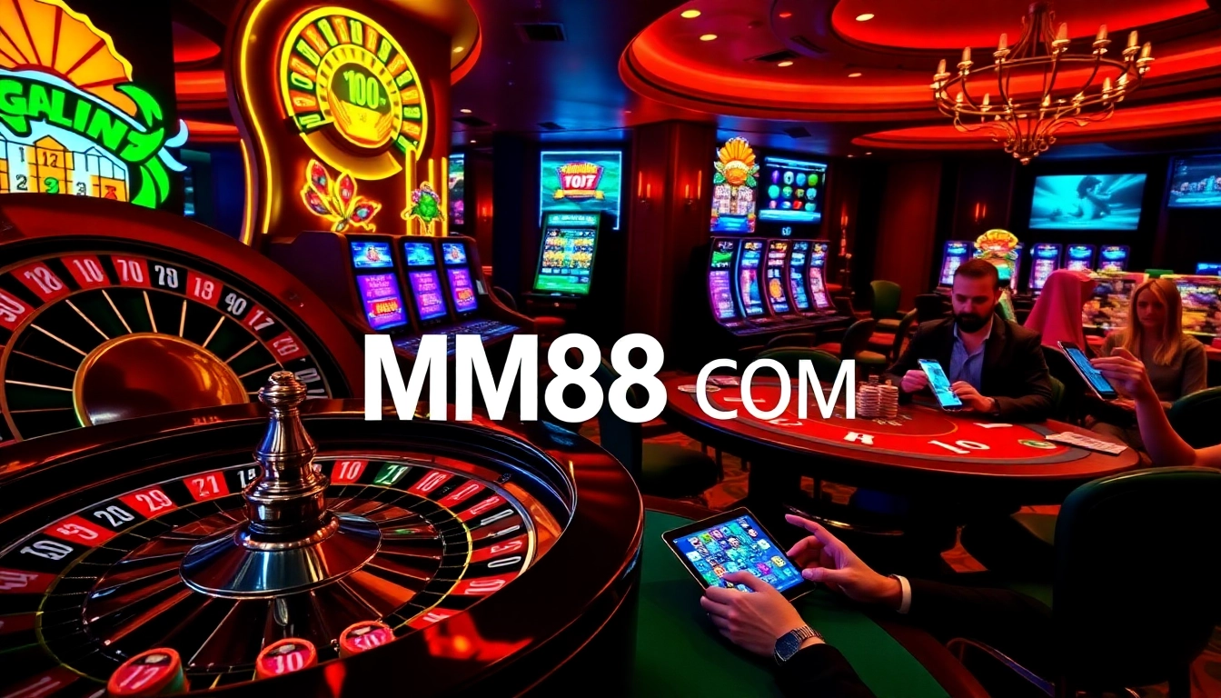 Experience thrilling online gaming with MM88 COM in a luxurious casino setting featuring roulette and vibrant slot machines.