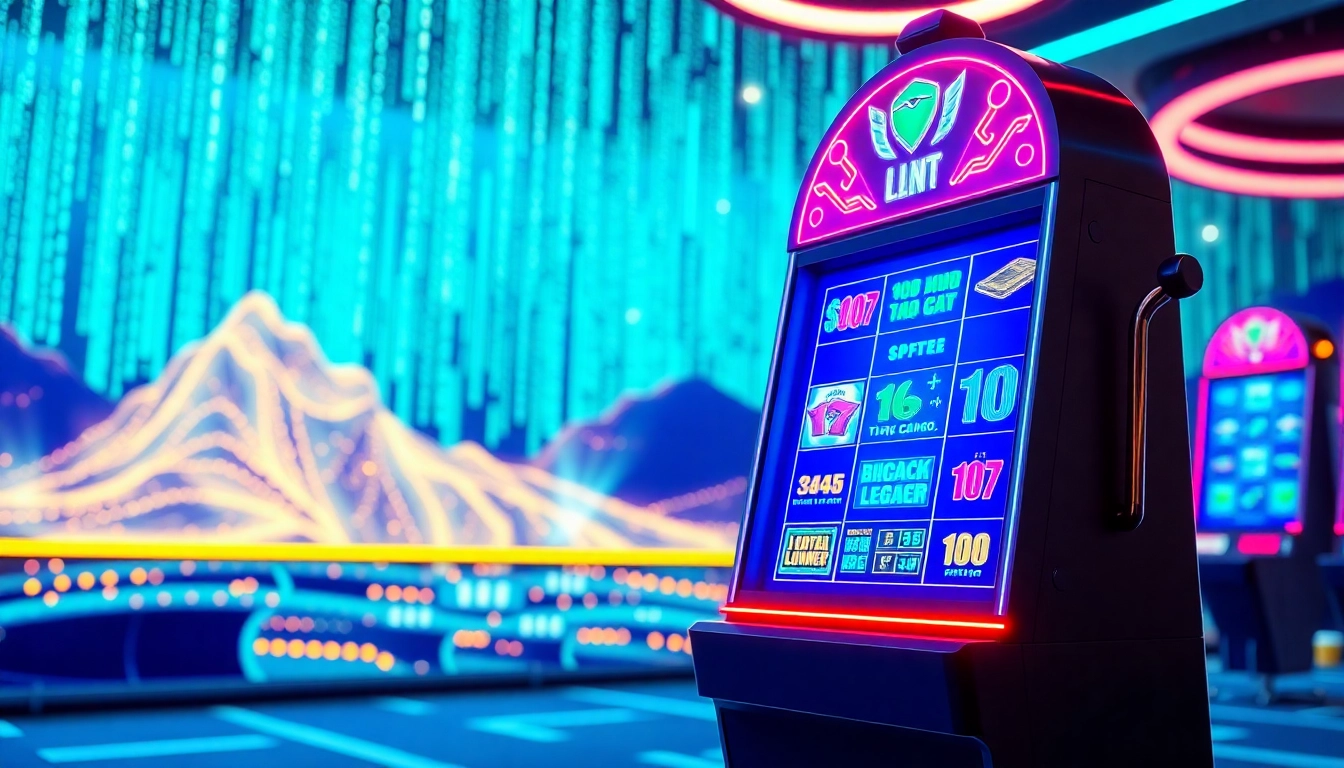 Un joueur réjouissant à un crypto casino avec une machine à sous numérique lumineuse.