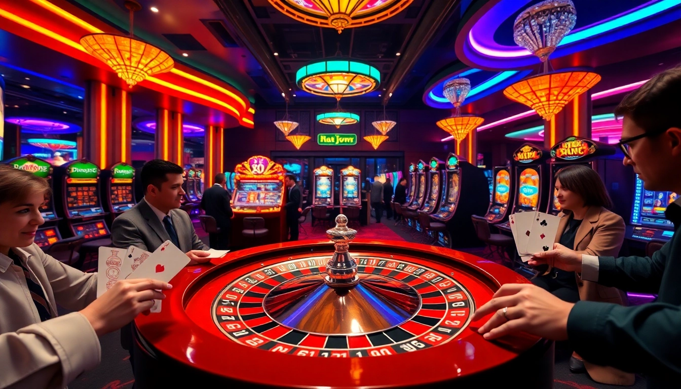 Experience the excitement of 99win in a vibrant casino scene with roulette, cards, and engaged players.