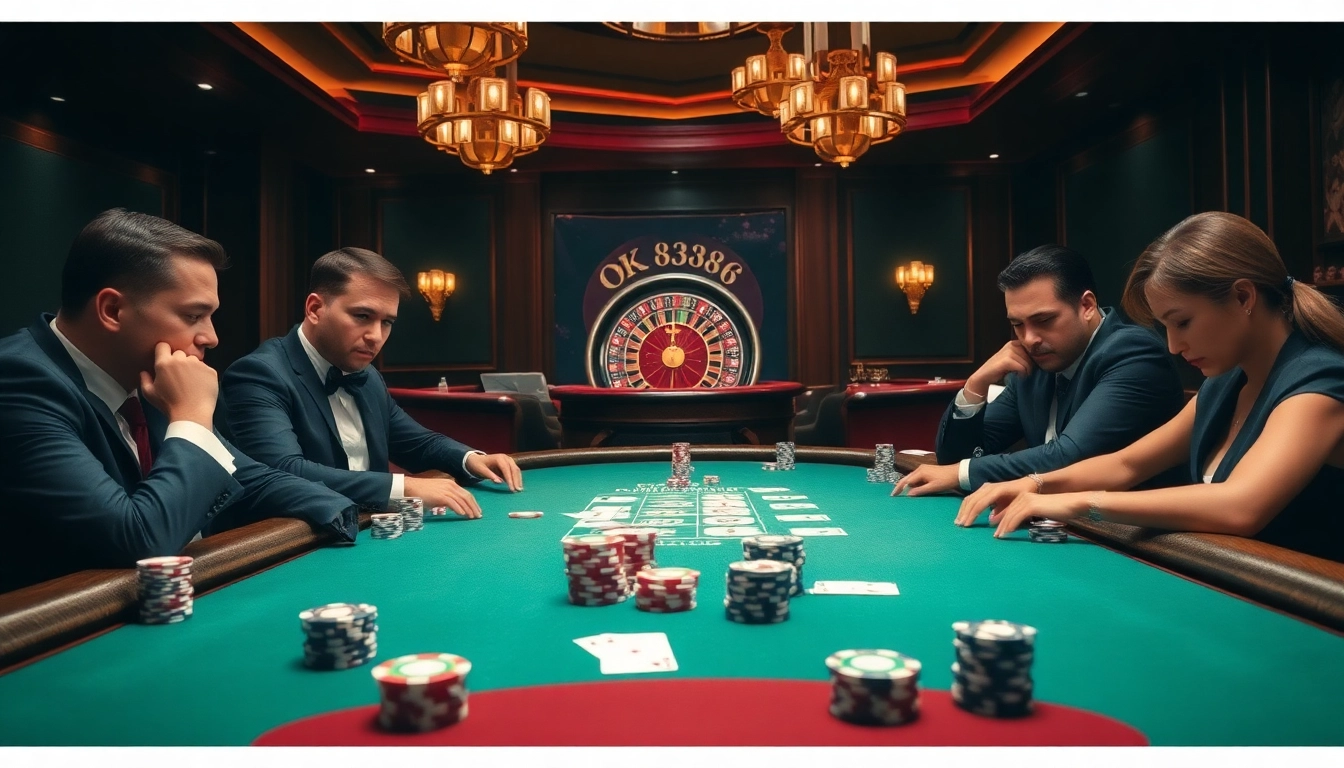 Players strategizing at the poker table with OK8386 branding in background.