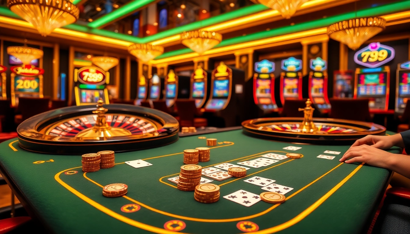 Players enjoying games at 789club's vibrant casino, showcasing a poker table and roulette wheel.