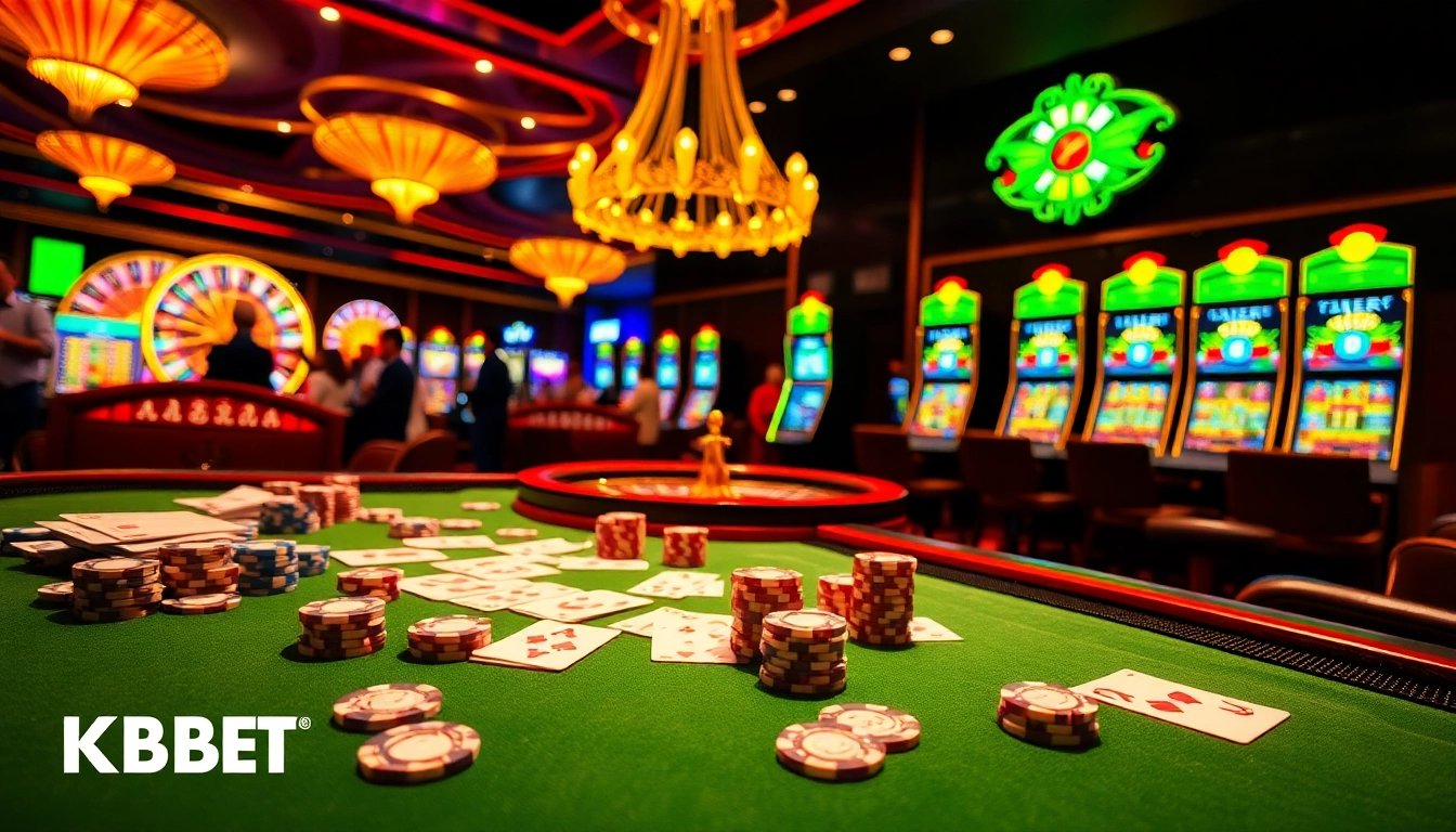 KBBET patrons engaging in card games at a luxurious casino table with vibrant atmosphere and excitement.