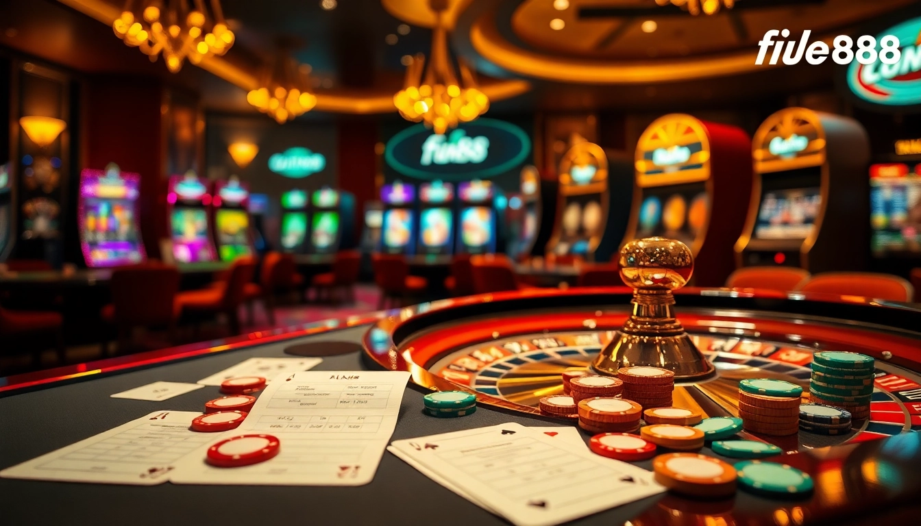 Experience high-stakes excitement with five88 at a luxurious casino table filled with chips and cards.