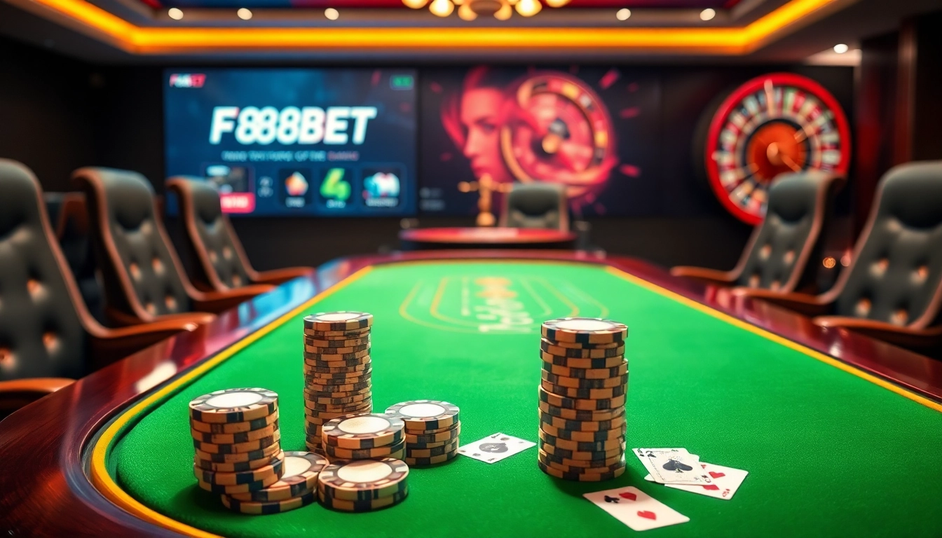 Engaging players at the virtual poker table with F88BET in a luxurious online casino setting.