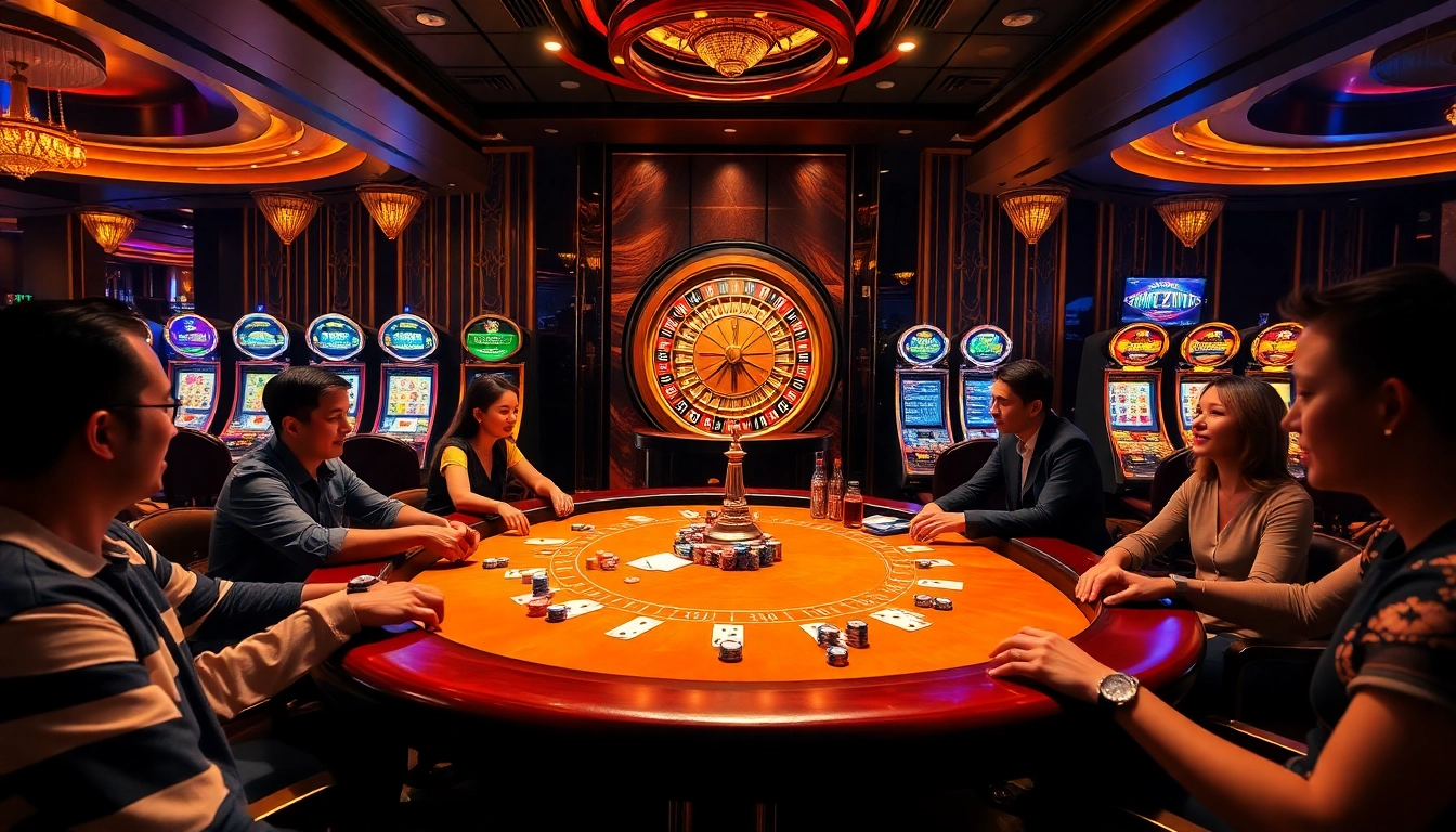 Experience the excitement of Nhà Cái SC88 with vibrant casino scenes featuring poker and slot machines.