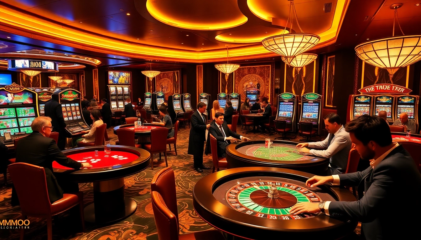 Players enjoying an exciting game atmosphere at MMOO casino with tables, slot machines, and roulette wheels.