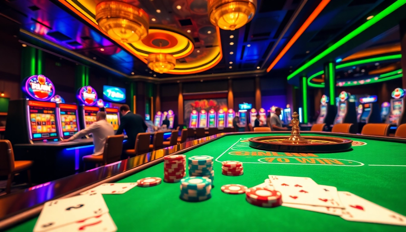 Engaged players at 78Win slot machines with a vibrant casino atmosphere.