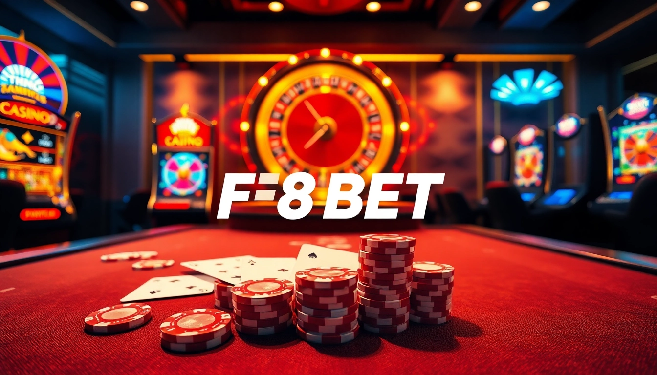 Engage with the thrilling atmosphere of F8 BET's luxurious casino, displaying vibrant slot machines and elegant poker chips.