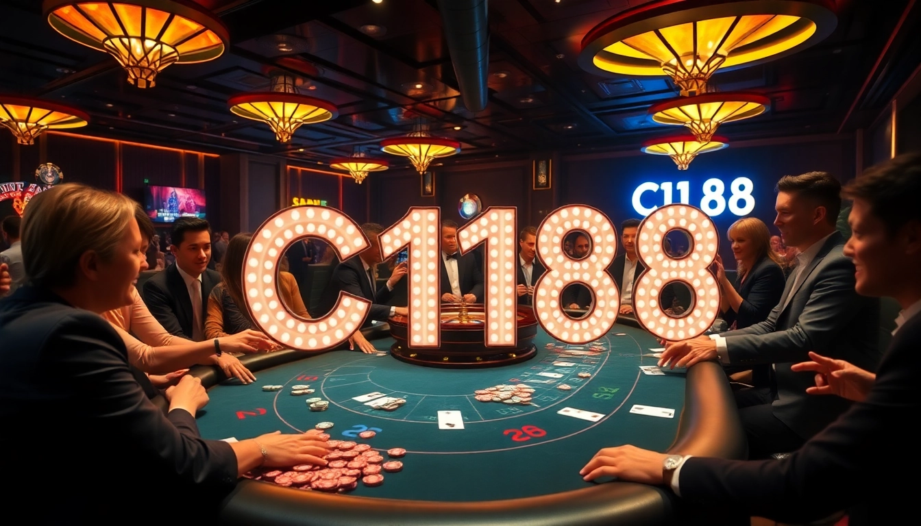 C168 poker players enjoying a thrilling night on a bustling casino floor with vibrant gaming elements.