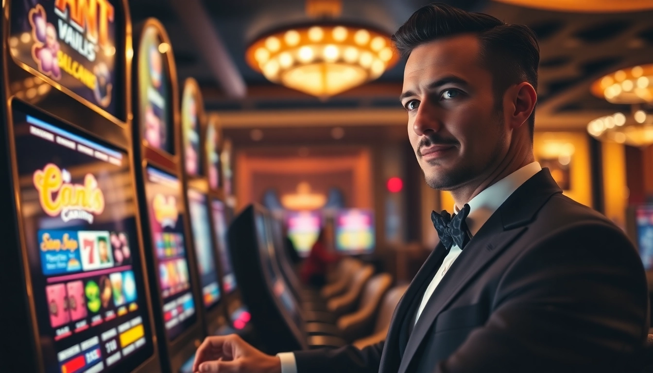 Découvrez le meilleur casino en ligne avec un joueur heureux devant une machine à sous élégante.