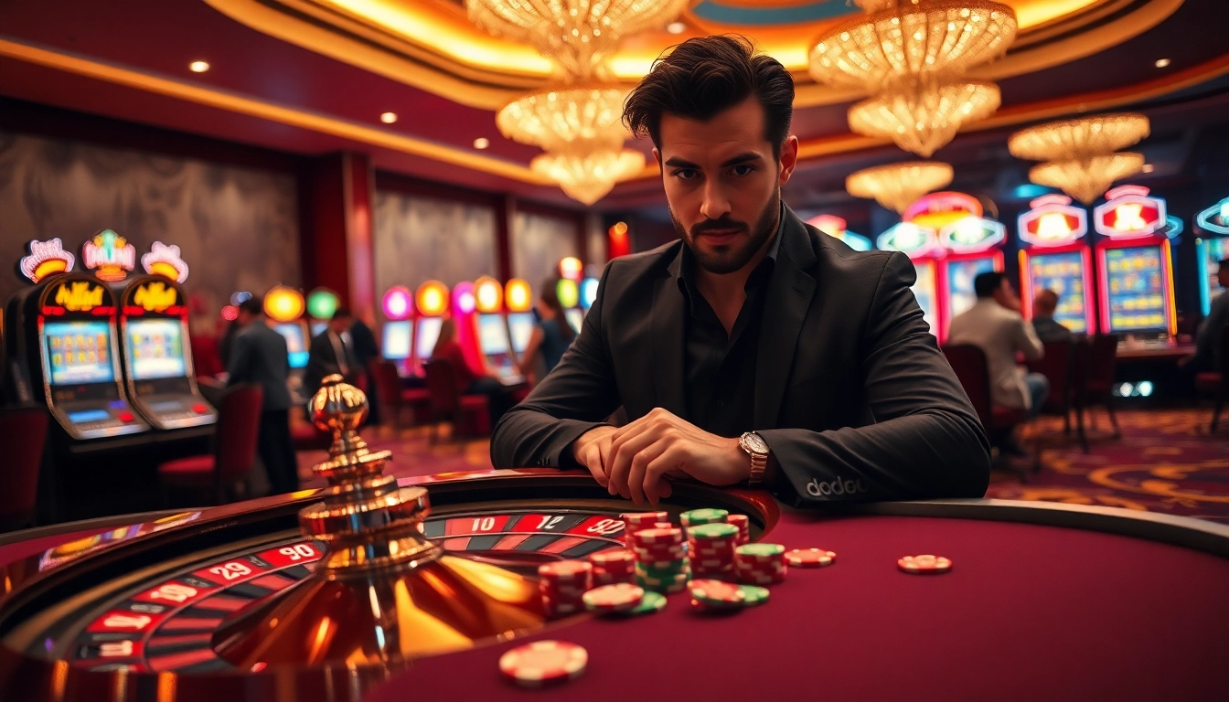 Engaging scene of a luxurious casino featuring the kjc game with roulette and poker elements.