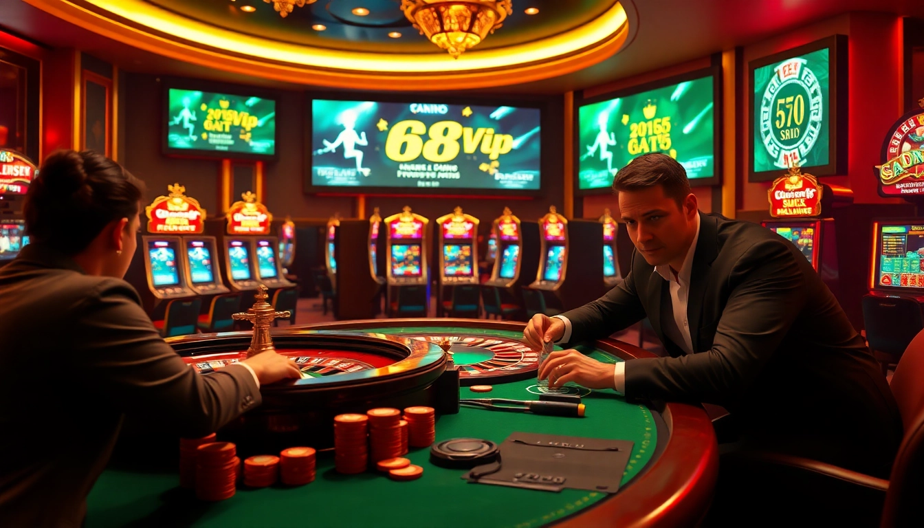 Experience the excitement of high-stakes gambling at https://68vip.co/ with players at an engaging poker table in a luxurious setting.