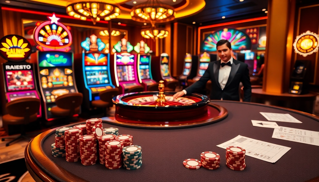 Experience thrilling gameplay at https://f168.vision/ with vibrant casino scenes featuring roulette tables and poker chips.