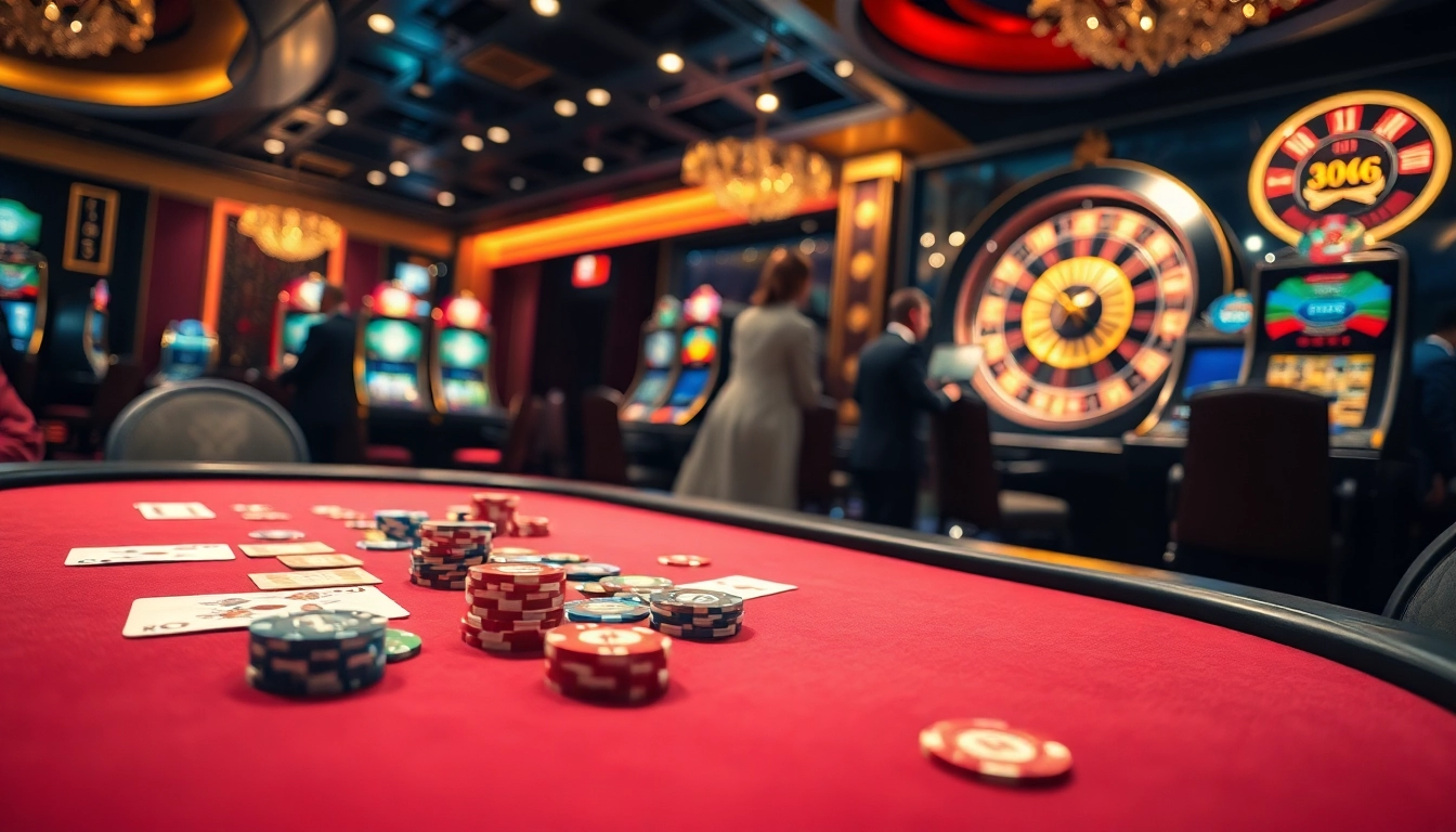 The thrill of gambling at a luxurious casino table with 包网 options near various gaming machines.