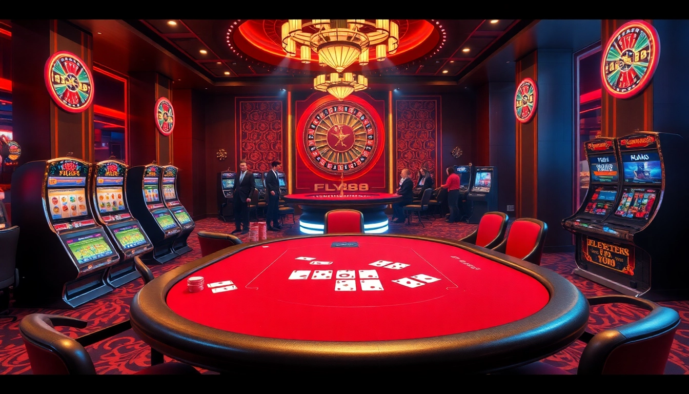 Engaging casino atmosphere at FLY88 showcasing poker, slots, and roulette for thrilling gambling experiences.