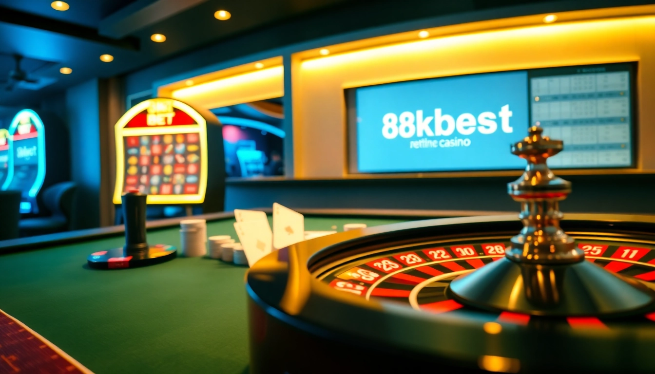 Experience thrilling gameplay at 8kbet3.com with elegant casino visuals showcasing poker chips and roulette wheels.
