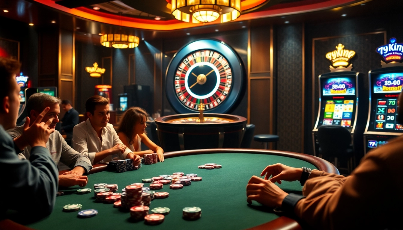 Excited players engage at the 79King poker table surrounded by vibrant casino elements.