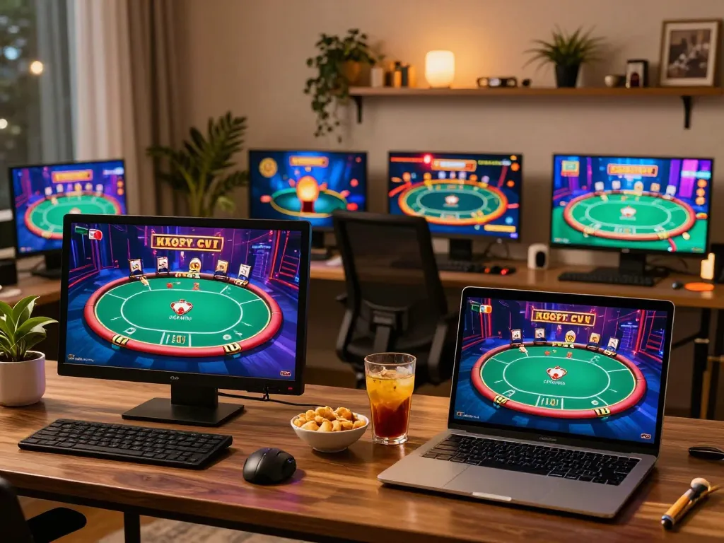 Online gambling on mm88 com displayed on multiple screens with snacks and warm lighting