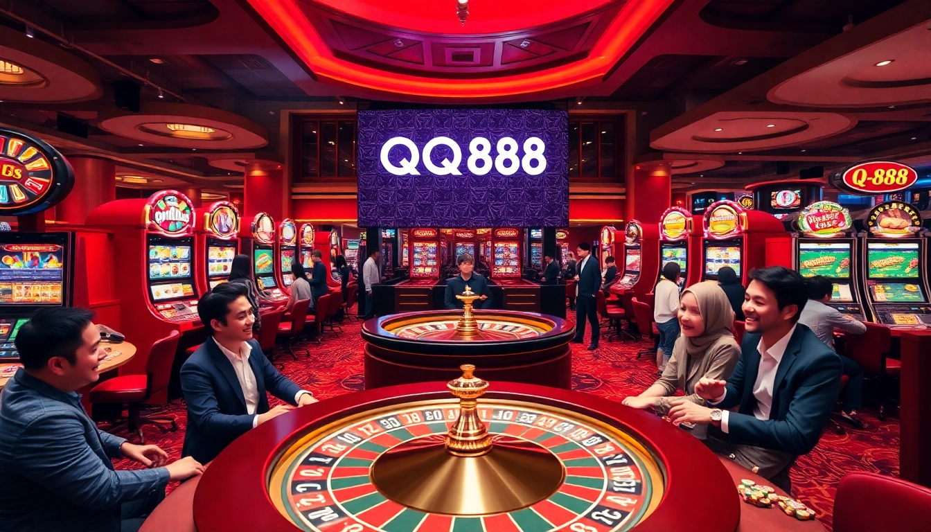 Experience the thrill of QQ88 with vibrant casino visuals showcasing exciting gambling activities.