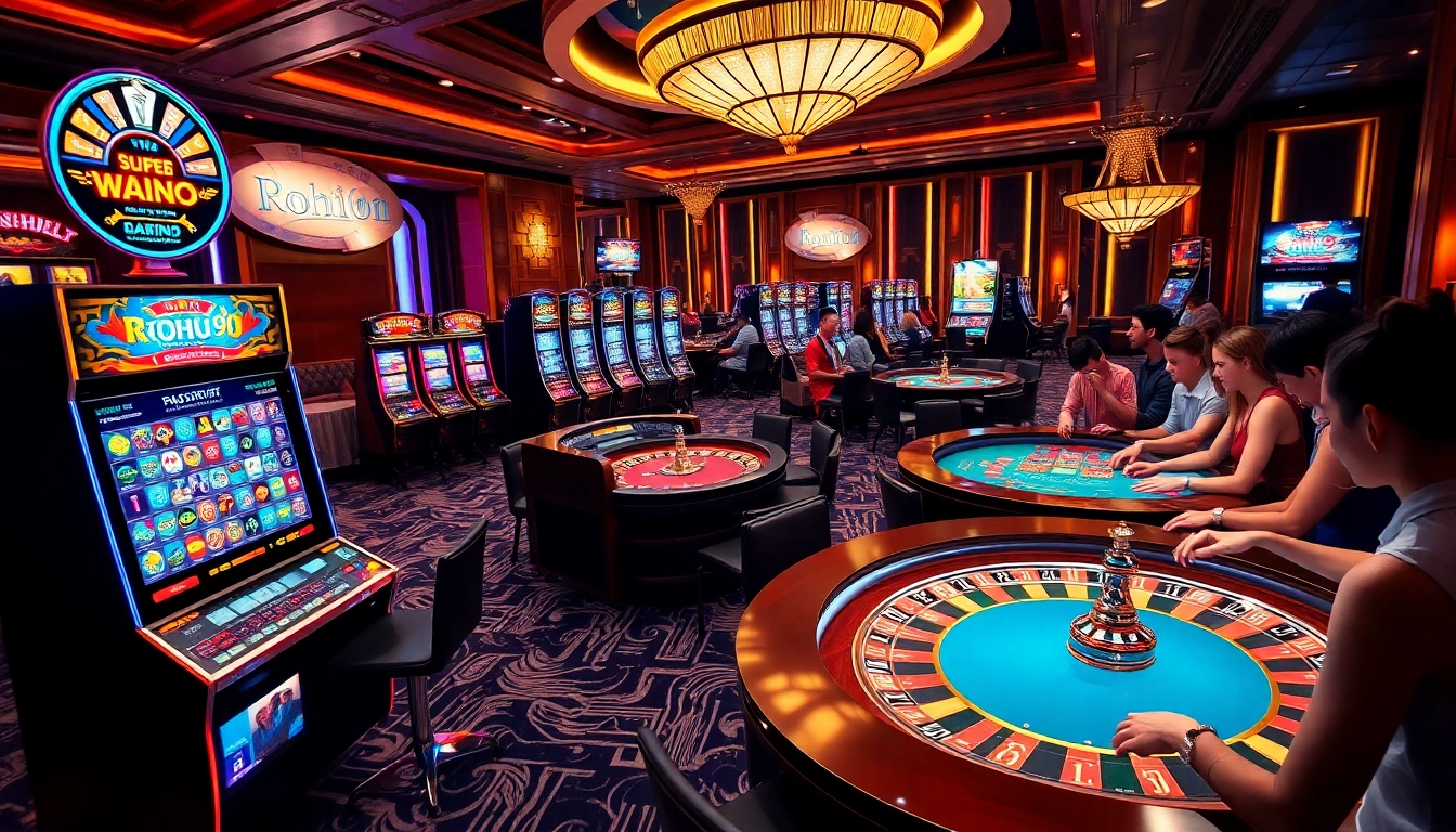 Nohu90 players engaging with vibrant slot machines and poker tables in a luxurious casino atmosphere.